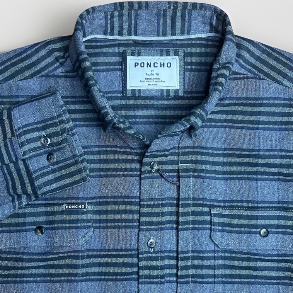 Poncho Outdoors Flannel Shirt Mens XL Gray Blue Striped Magnetic Pocket Western